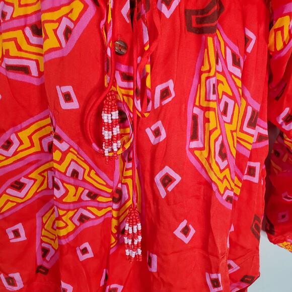 Farm Rio Tiki Bananas Scarf Long Sleeve Mini Romper Red Latinx Size Medium - Picture 8 of 12